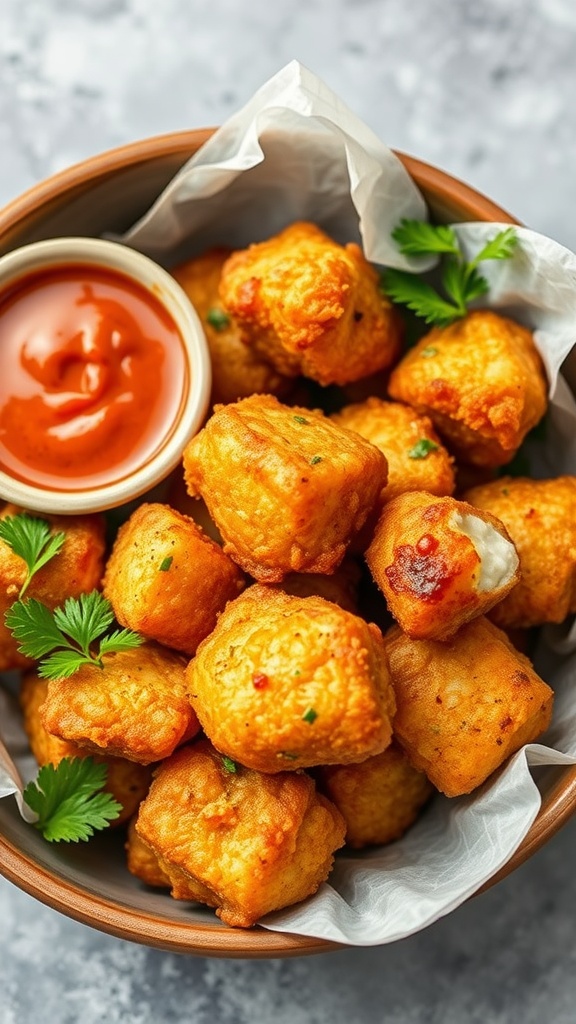 Delicious catfish nuggets served with a spicy dipping sauce.