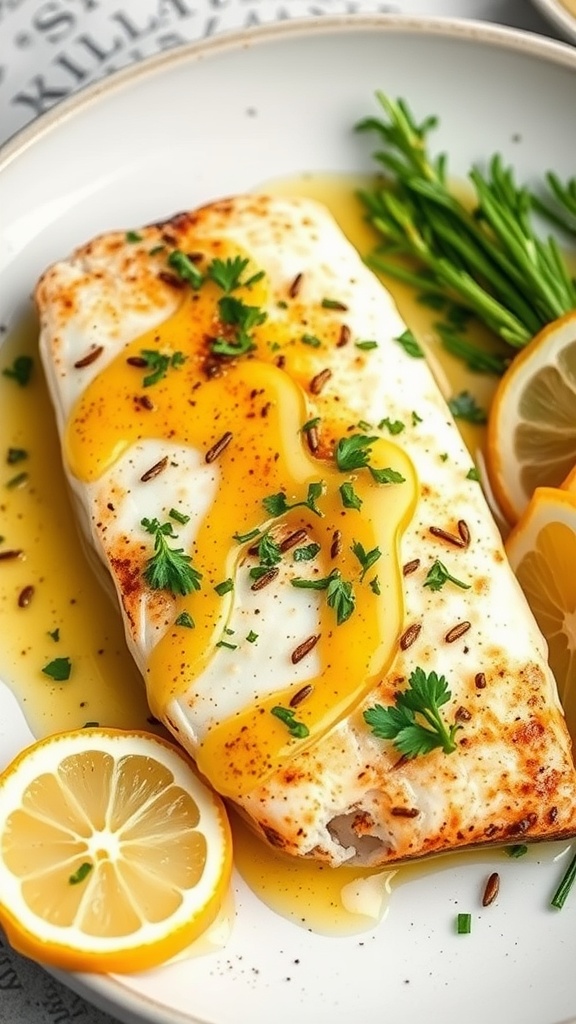 A beautifully plated catfish fillet topped with lemon butter sauce, garnished with parsley and lemon slices.
