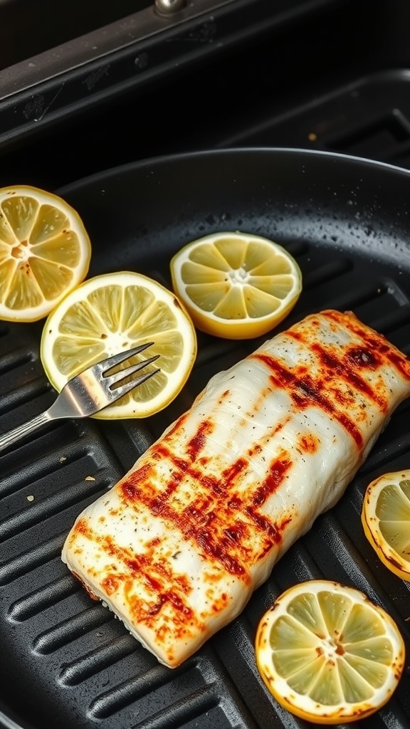 Charred lemon slices and grilled sea bass on a grill pan