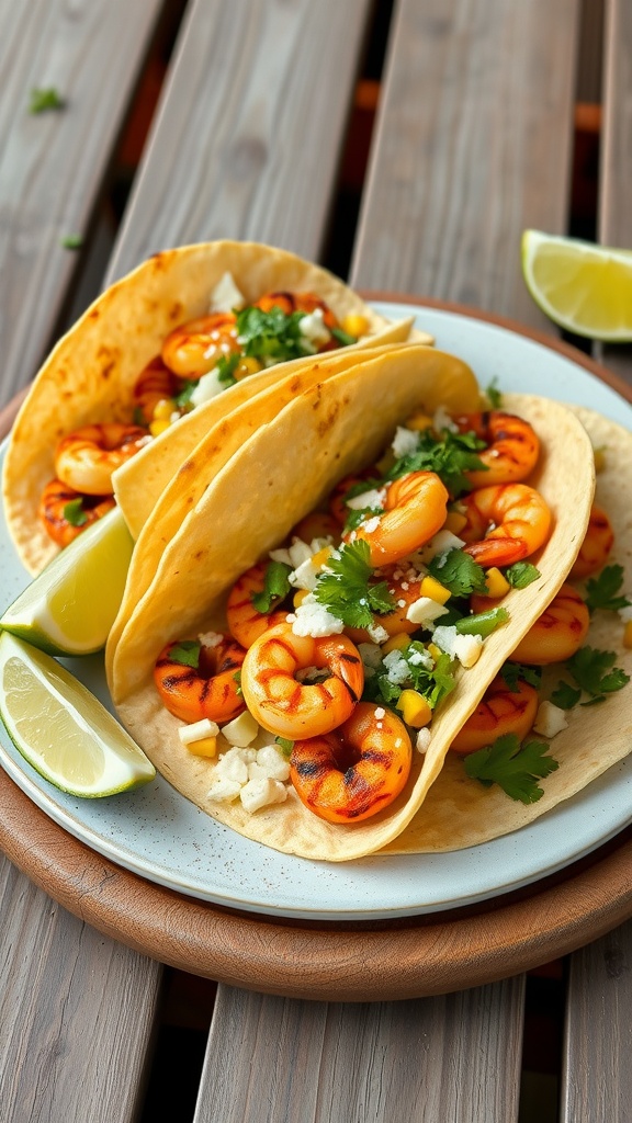 Charred lime shrimp tacos with corn and cilantro