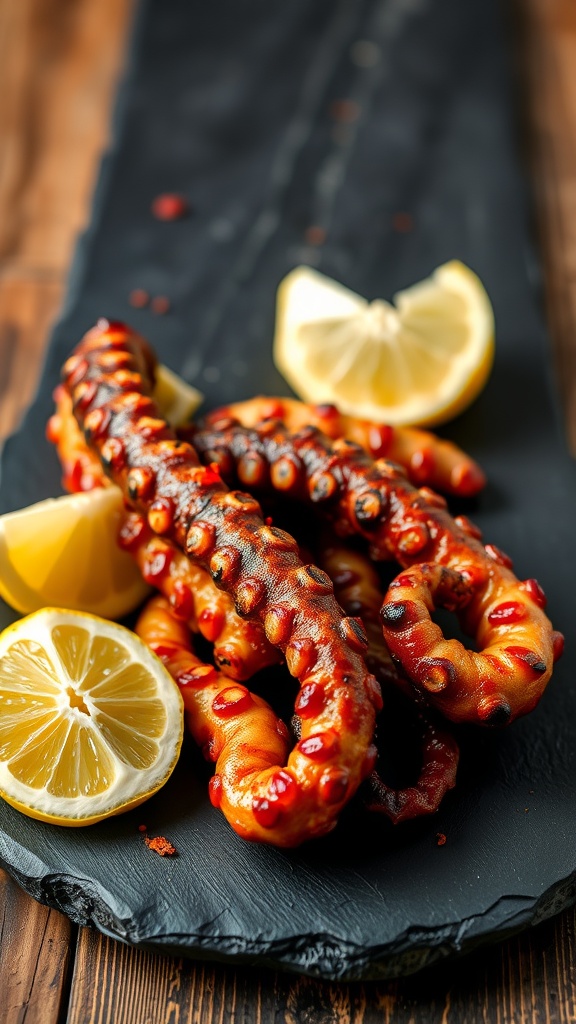 Charred octopus with lemon slices on a dark plate.