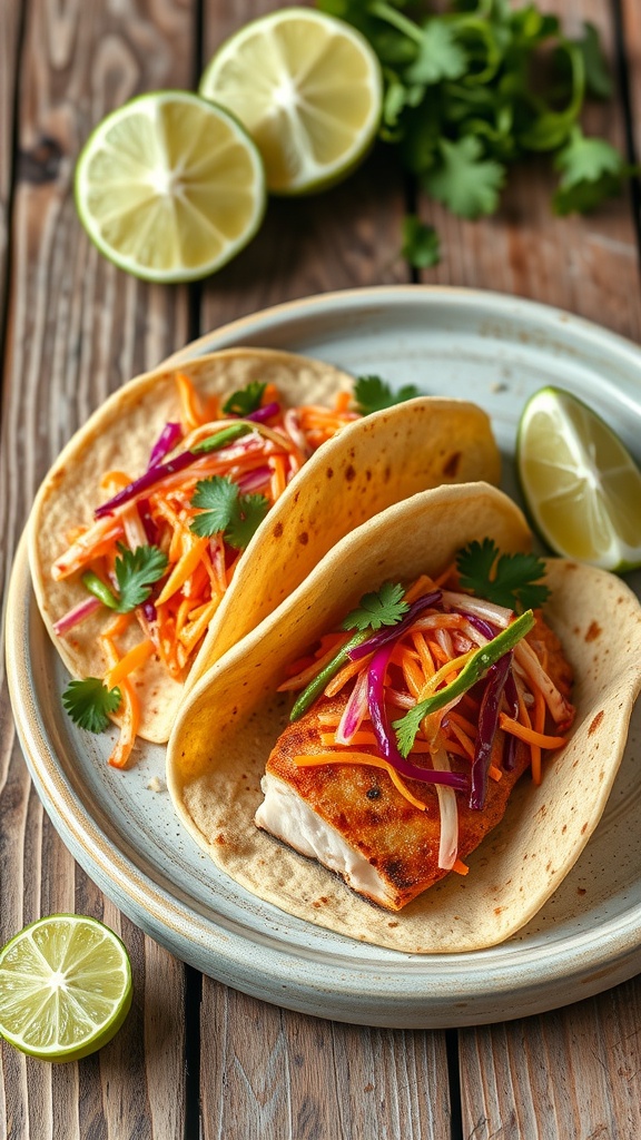 Charred snapper tacos topped with vibrant citrus slaw and cilantro on a plate.