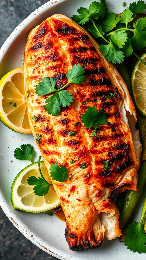 Grilled red snapper with lime and cilantro garnished with lime wedges