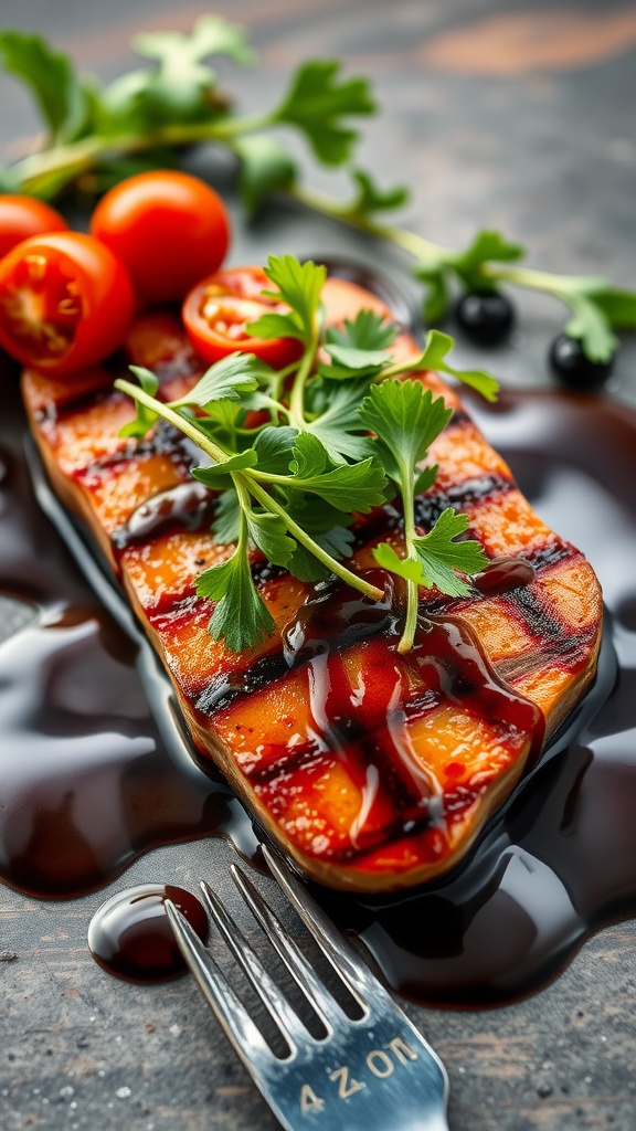 Charred tuna steak drizzled with balsamic reduction, garnished with herbs and tomatoes