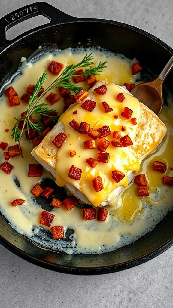A delicious Cheesy Bacon Cod Bake with cod fillets, melted cheese, and crispy bacon.