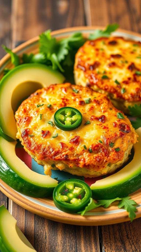 Cheesy crab cakes topped with jalapeños, served on a decorative plate with slices of avocado.