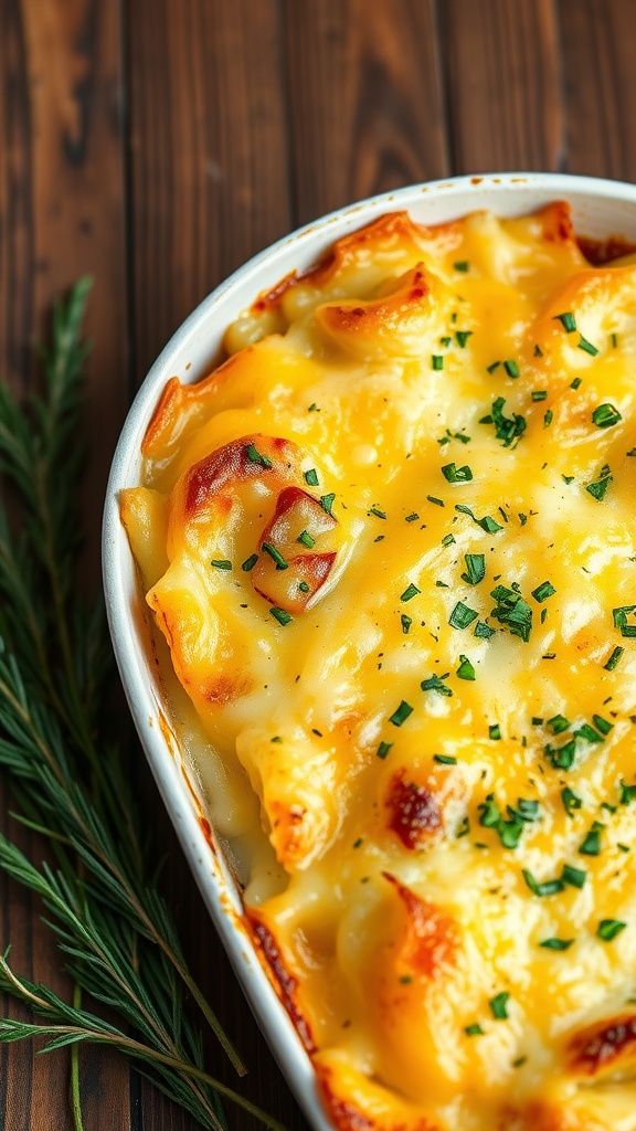 A dish of cheesy garlic scalloped potatoes with golden, melted cheese on top