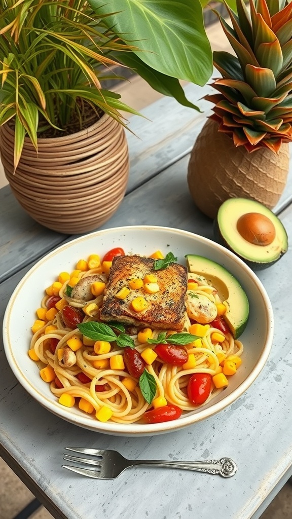 A vibrant plate of chili lime grilled fish pasta featuring spaghetti, grilled fish, cherry tomatoes, and avocado.