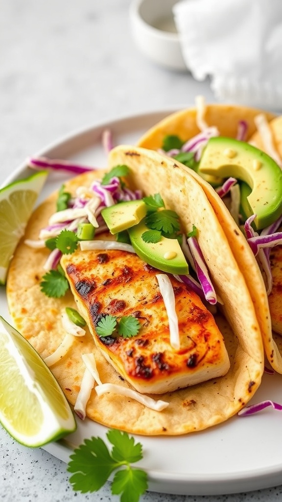 Chili lime grilled mahi mahi tacos with fresh toppings