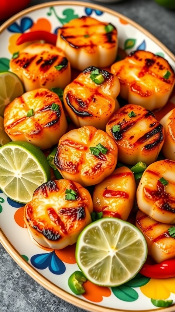 A plate of chili lime grilled scallops garnished with lime wedges and cilantro.