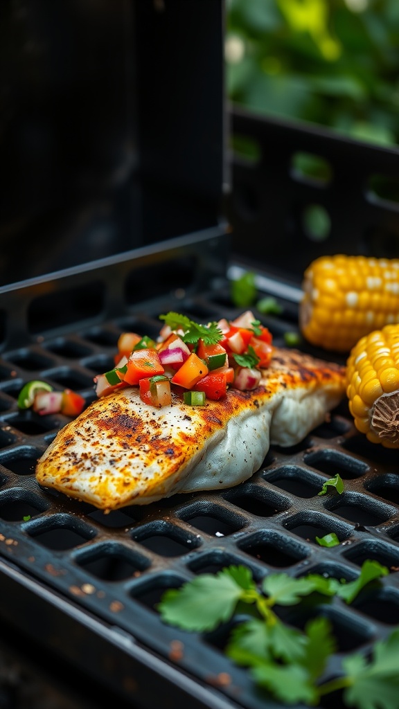 Grilled snapper with chili lime seasoning, topped with fresh salsa and garnished with cilantro.