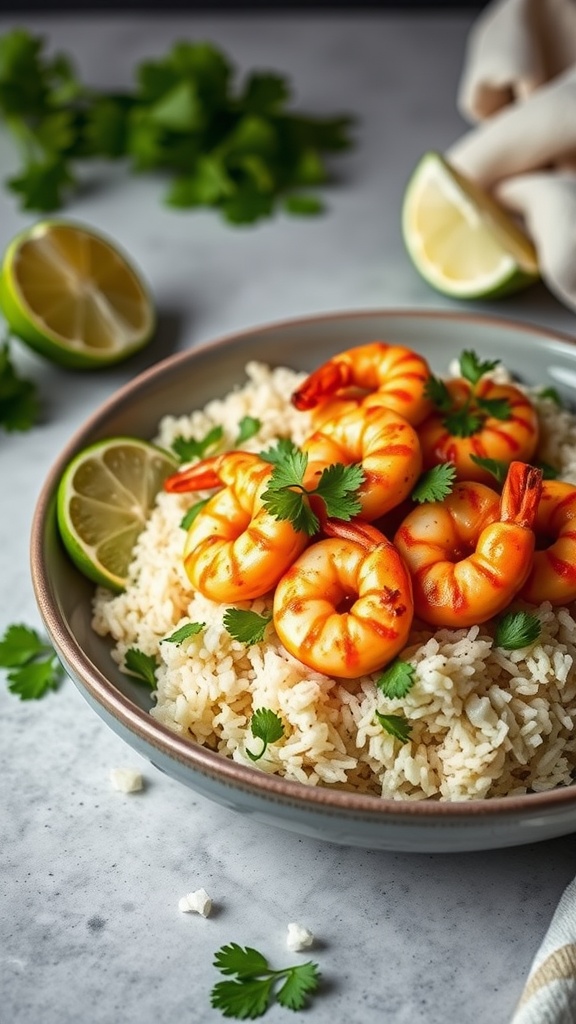 A bowl of chili lime shrimp served over cilantro rice, garnished with lime wedges and fresh cilantro.