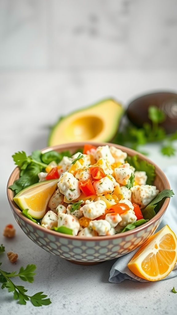 Chilled crab salad with avocado in a bowl garnished with lime