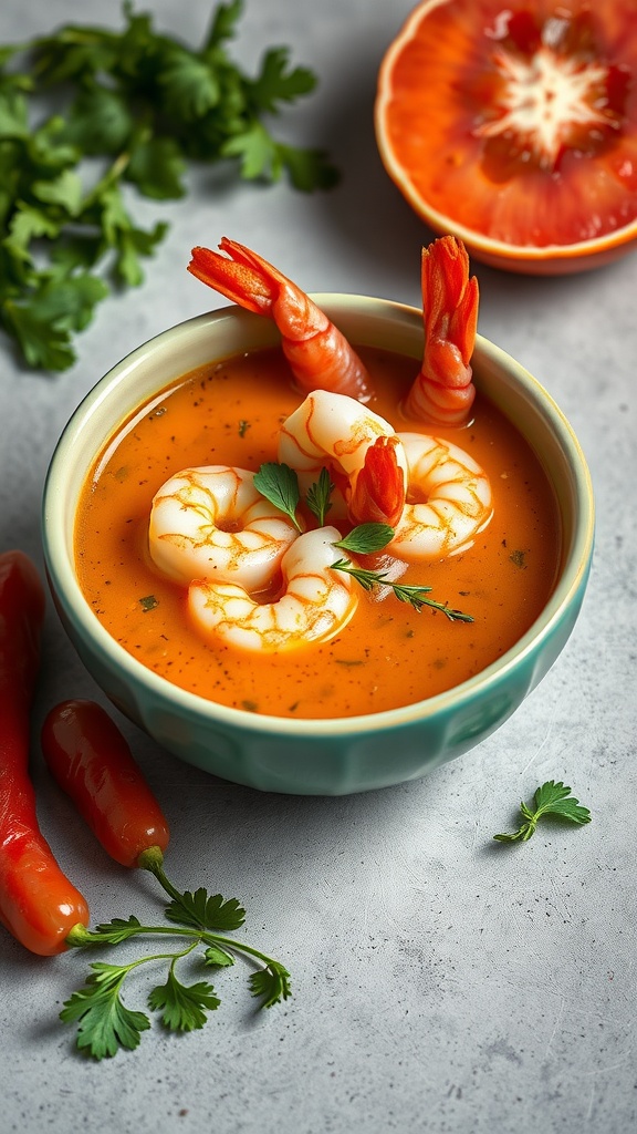 A vibrant bowl of chilled gazpacho with shrimp and garnished with herbs.