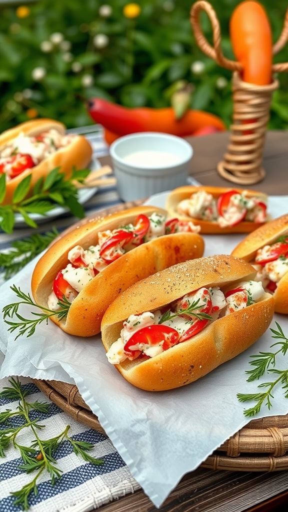 Chilled lobster rolls with herbs on a table