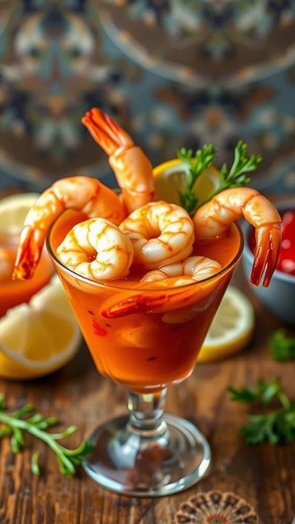 Chilled shrimp cocktail served in a glass with cocktail sauce and lemon