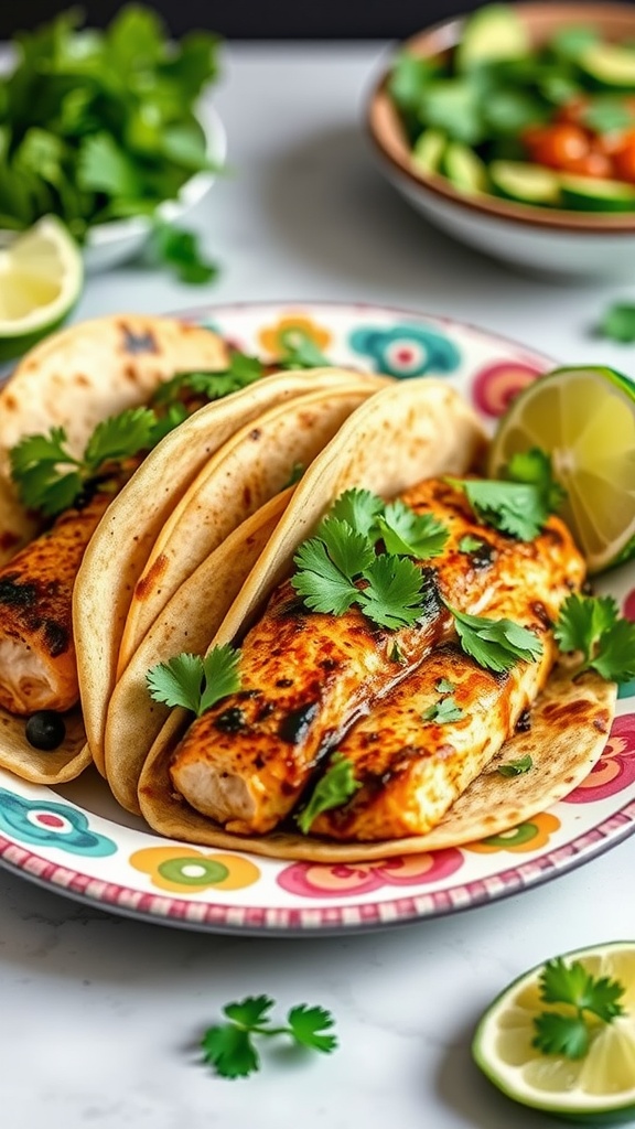 Delicious chimichurri salmon tacos on a vibrant plate, garnished with cilantro and lime wedges.