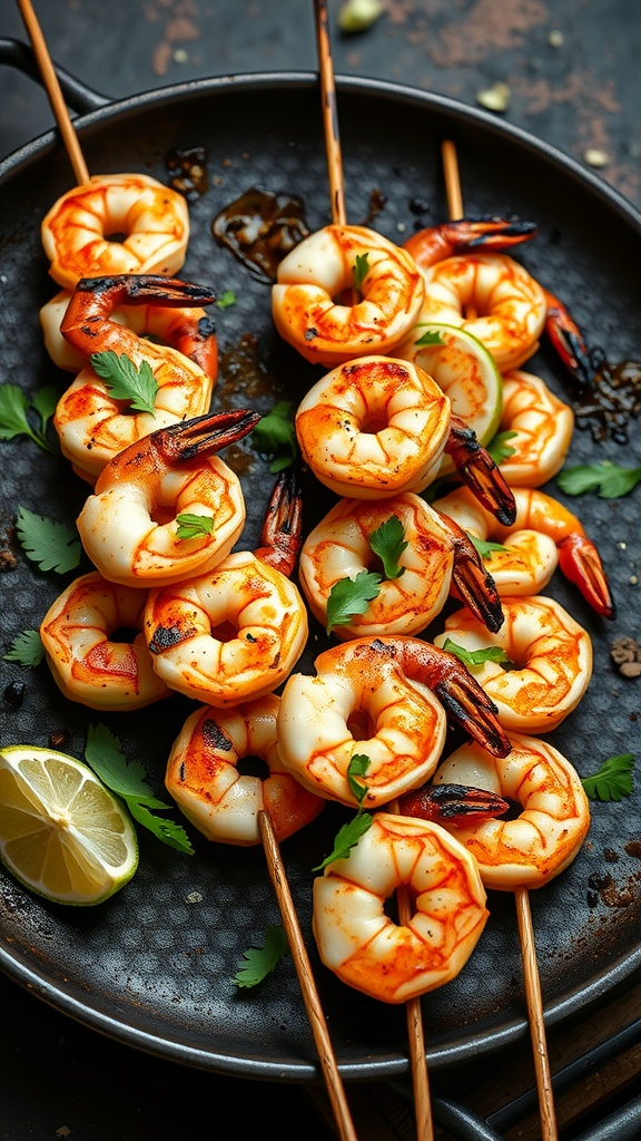 Delicious chipotle lime grilled shrimp skewers garnished with cilantro and served with lime wedges.
