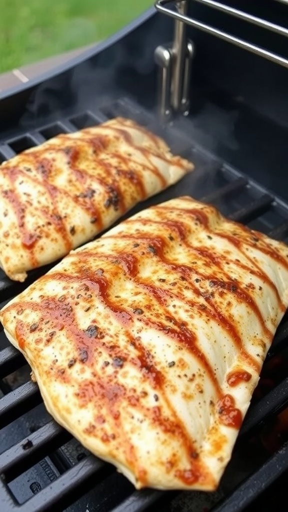 Grilled tilapia fillets on a BBQ grill with seasonings.