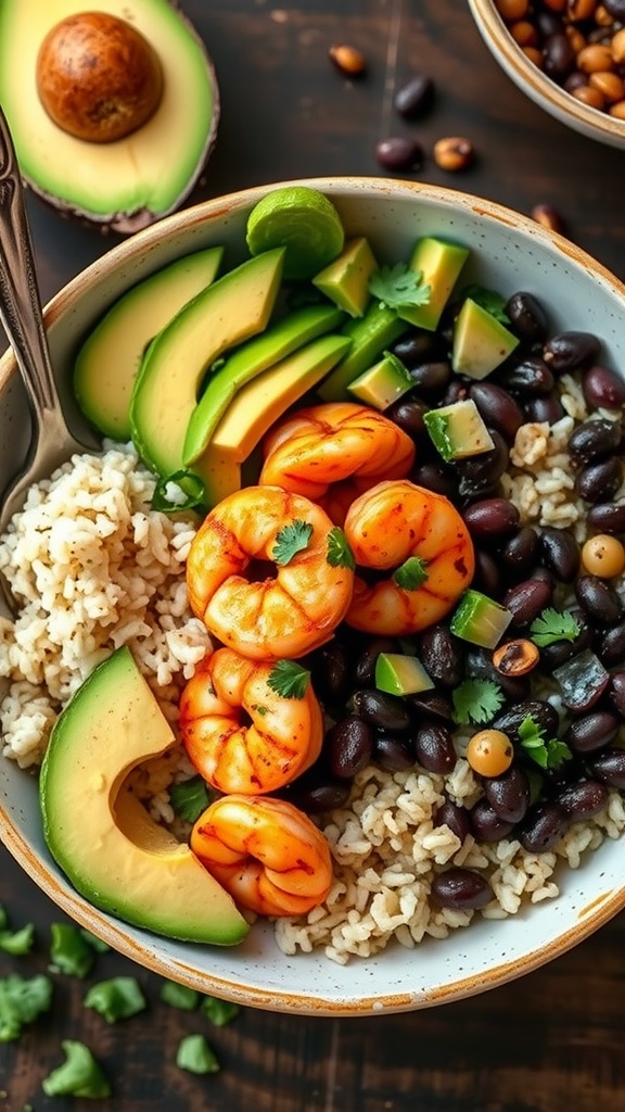A vibrant shrimp bowl with avocado, black beans, and rice.