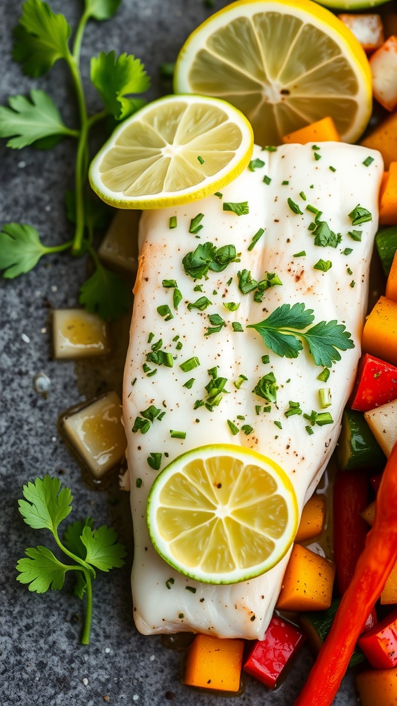 Cilantro lime baked mahi mahi served with fresh spring vegetables