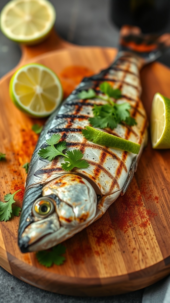 Grilled dorado fish garnished with cilantro and lime.