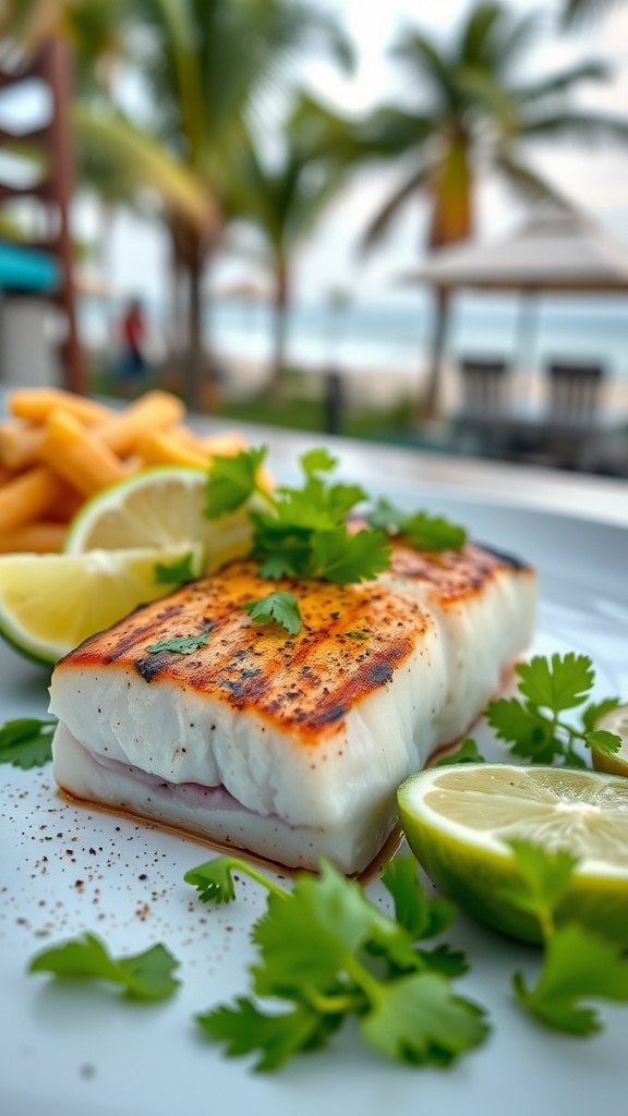 Cilantro lime grilled mahi mahi with lime wedges and cilantro