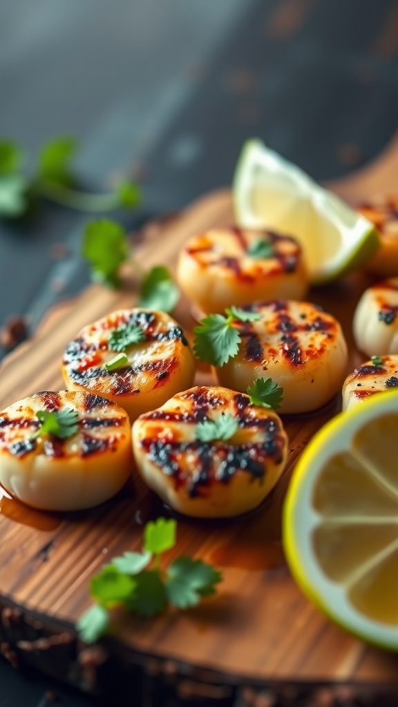 Grilled scallops garnished with cilantro and lime