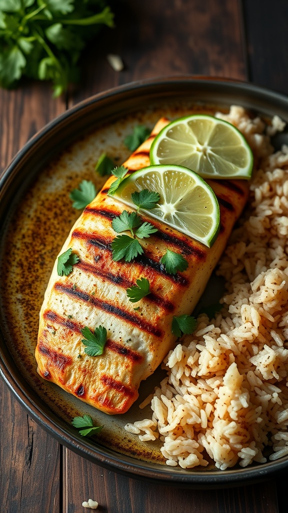 Grilled tilapia fillet garnished with lime and cilantro, served with rice.