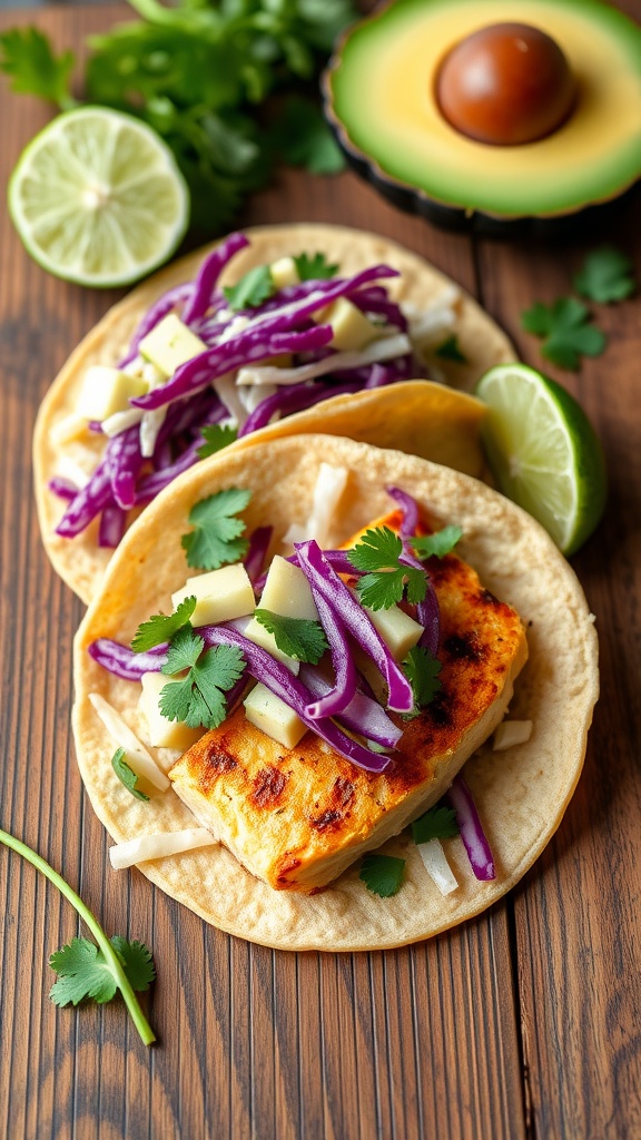 Cilantro lime grilled tilapia tacos topped with cabbage and avocado