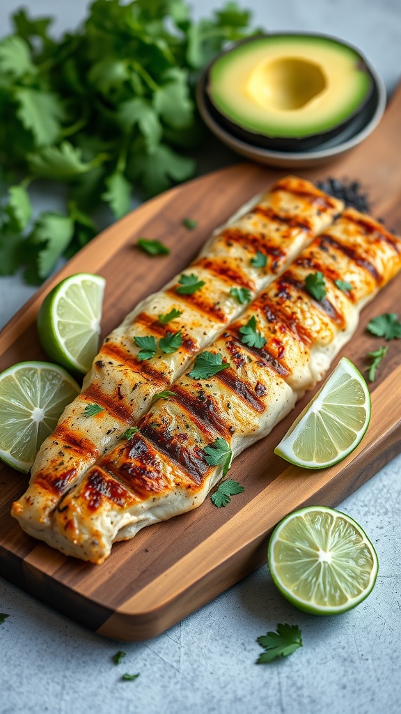 Grilled trout garnished with cilantro and lime wedges