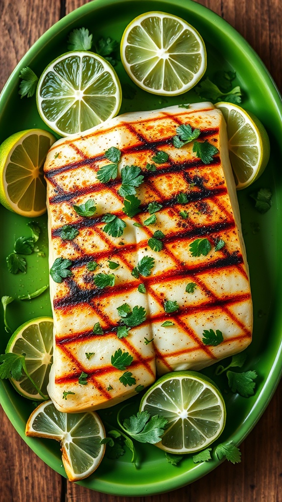 Cilantro lime marinated halibut with fresh herbs and lime slices