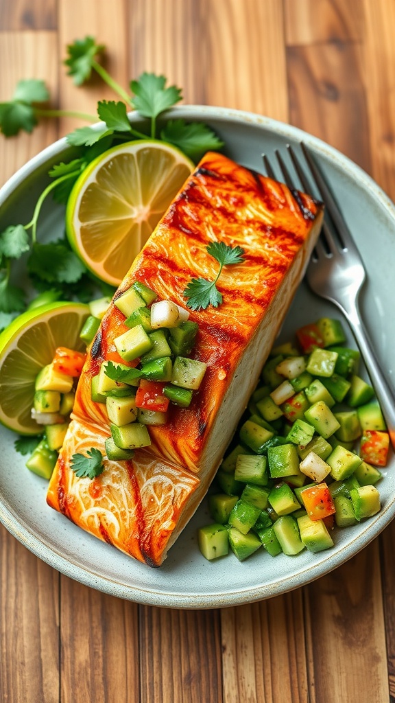 Cilantro lime salmon with avocado salsa on a plate