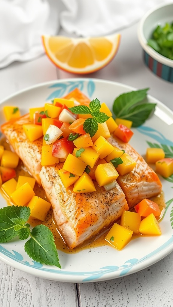 Plated cilantro lime salmon topped with mango salsa and garnished with herbs.