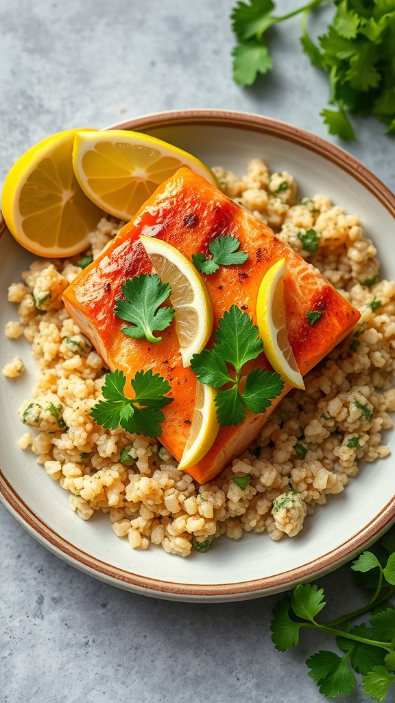 Cilantro Lime Salmon served with quinoa and garnished with lemon and cilantro
