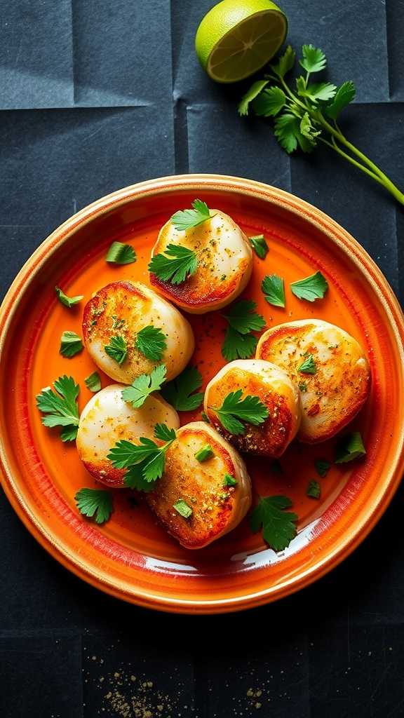 Plate of cilantro lime seared scallops garnished with cilantro and lime