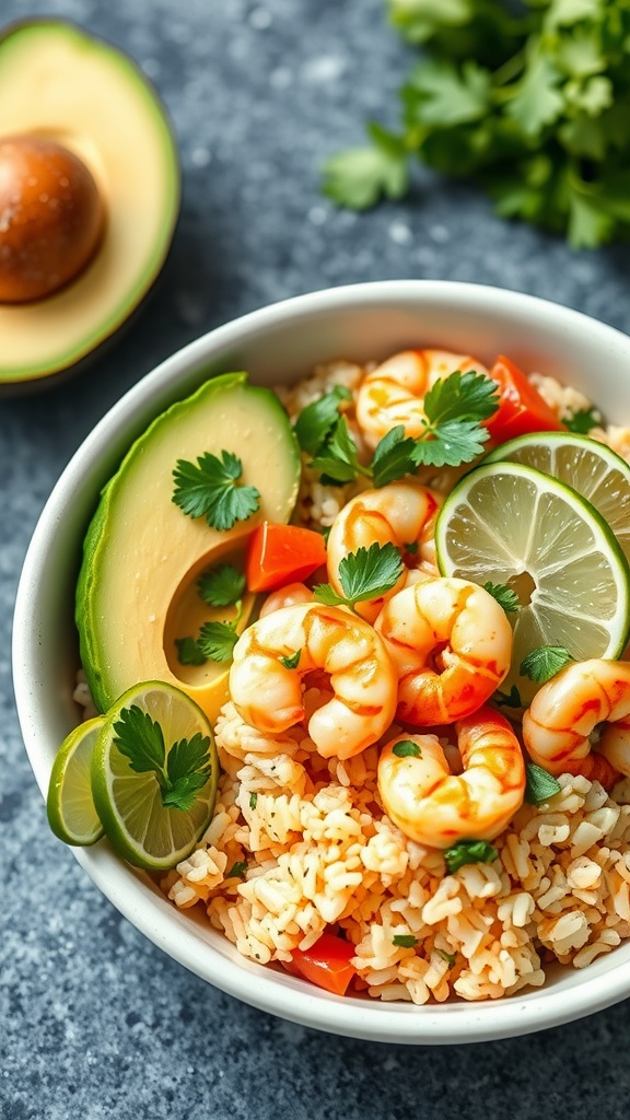 Cilantro lime shrimp rice bowl with avocado and lime slices