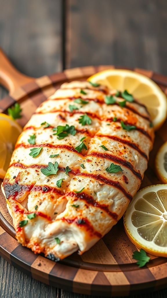 A beautifully grilled red snapper garnished with herbs and citrus slices.
