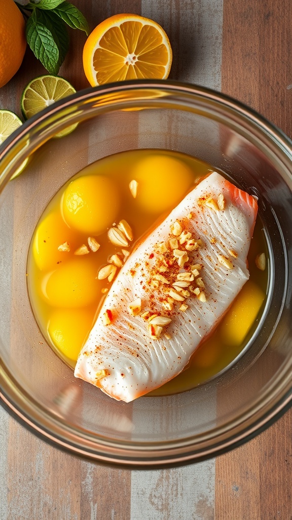 A bowl with red snapper fillet marinating with citrus juice and garlic.
