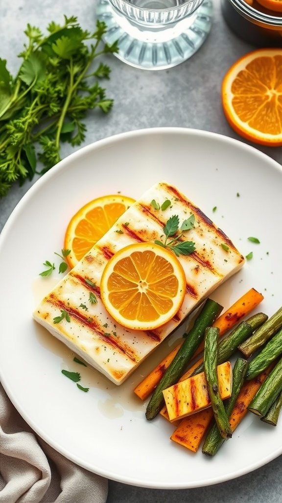 Grilled halibut with citrus slices and herbs on a plate