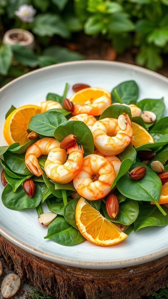 A fresh salad with prawns, spinach, and oranges on a plate.