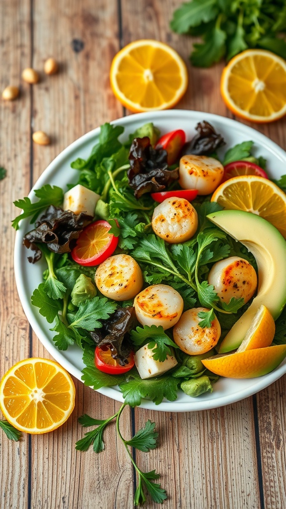 A fresh salad featuring scallops, avocado, and citrus on a wooden table.