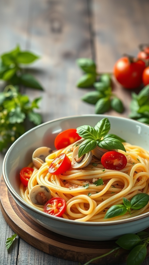 Plate of Fettuccine with clams and cherry tomatoes