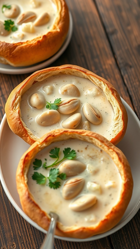 Delicious clam chowder served in bread bowls with a sprinkle of fresh herbs on top.