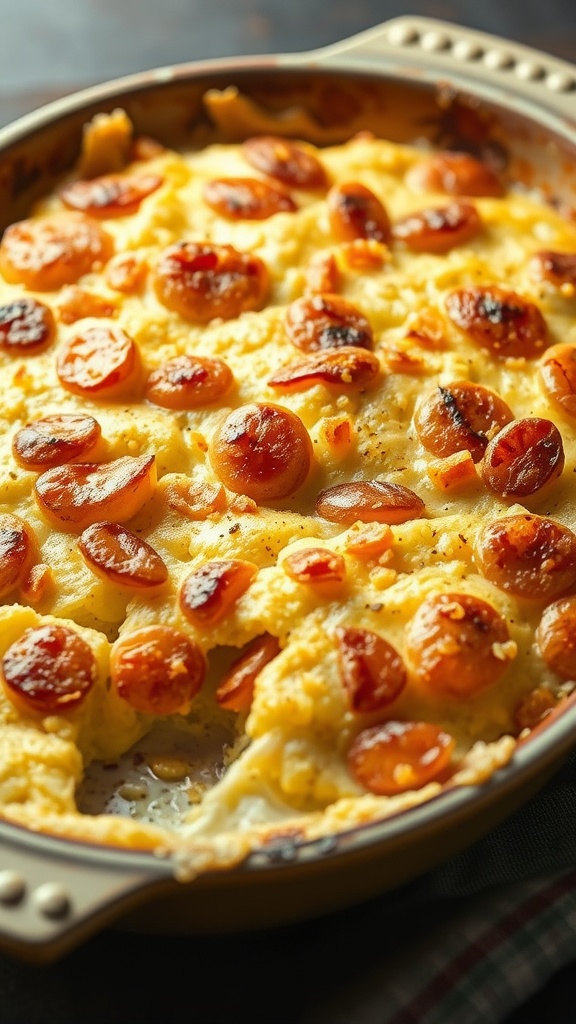 A baked dish of creamy scalloped potatoes with a golden top.