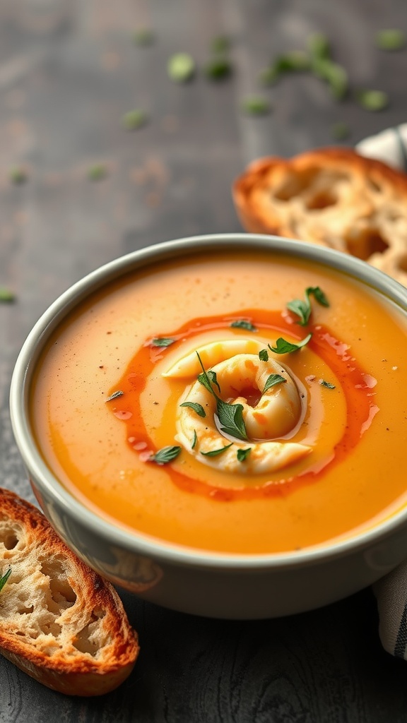 A bowl of creamy lobster bisque garnished with herbs and accompanied by crusty bread.