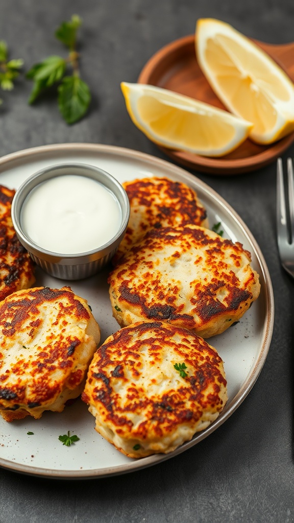 Plate of classic Maryland crab cakes with dipping sauce and lemon slices.