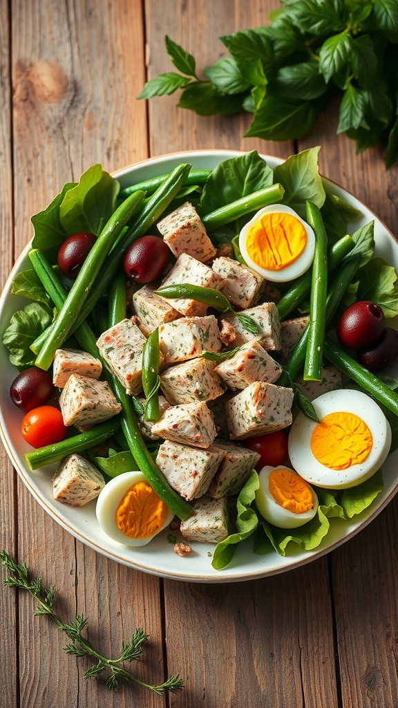 A plate of classic Tuna Niçoise salad with tuna, hard-boiled eggs, green beans, olives, and mixed greens.