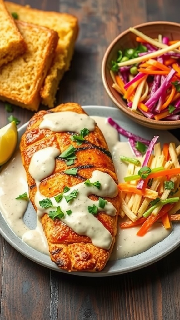 A serving of grilled catfish topped with coconut curry sauce, served with cornbread and colorful slaw.