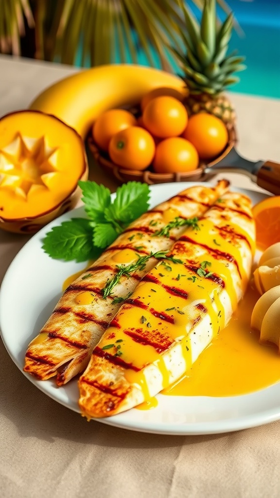 Grilled fish with a coconut curry glaze, garnished with cilantro.